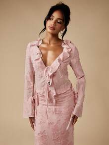 MISSGUIDED Elegant Textured Ruffle Trim V Neck Tie Front Long Sleeve Maxi Co Ord With Bell Cuffs Evening Wedding Guest Occasion Wear Spring Summer Attire - Pink - View 5