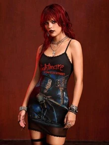 A Nightmare on Elm Street X ROMWE Đầm ngắn hai dây phối lưới họa tiết đồ họa dành cho nữ - màu đen - Xem 11