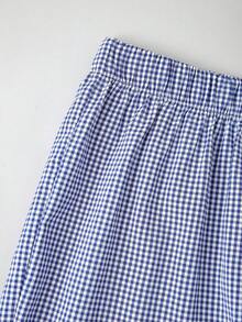 Joliand Joliand 2 pezzi Set di top a maniche corte con fiori ricamati e bordo arricciato e pantaloni a zampa blu a quadri per ragazze pre-adolescenti, adatto per casual, quotidiano, viaggio, riunione, festa, estate - Multicolore - Visualizzare 7