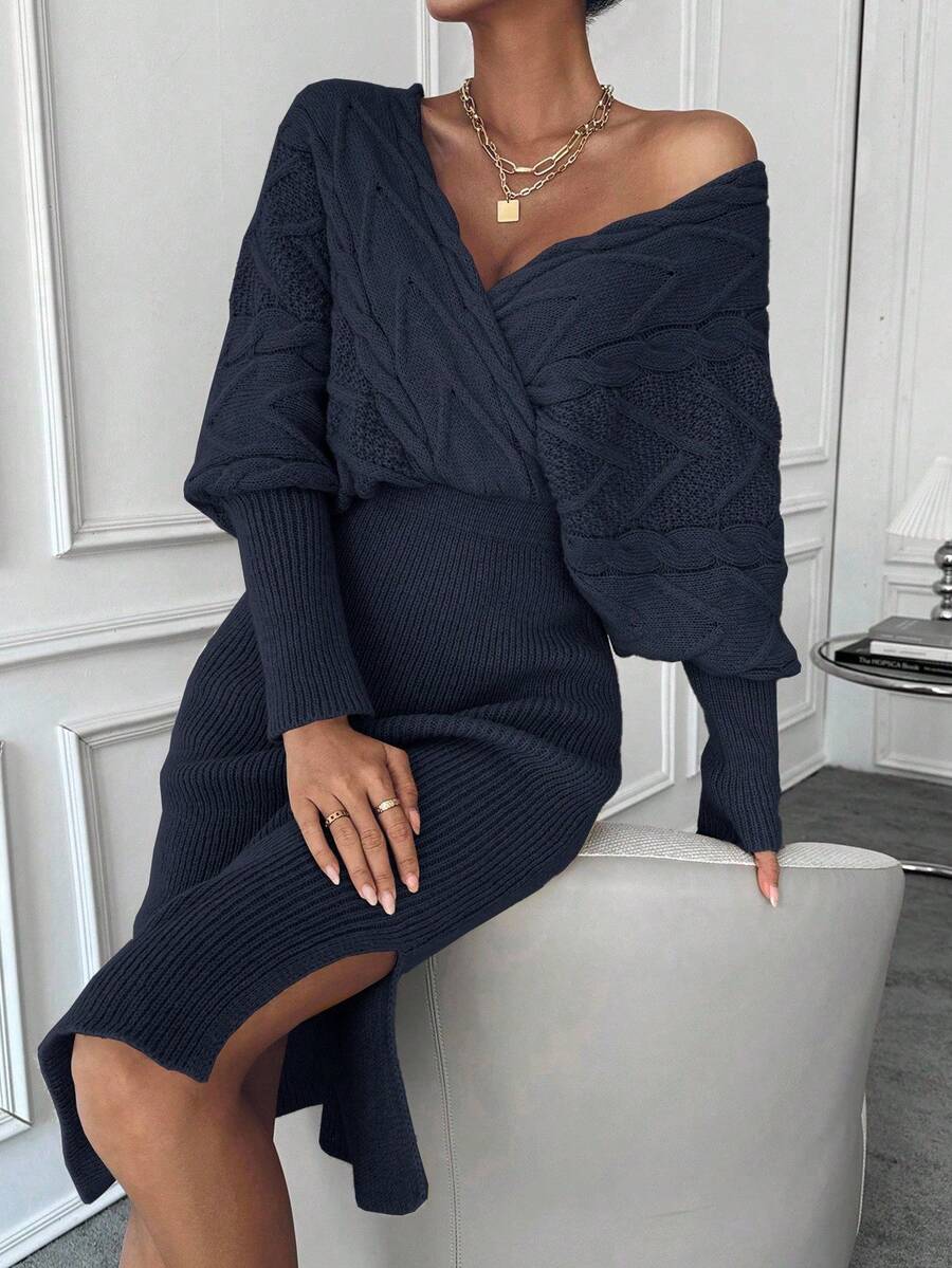 EMERY ROSE Elegant Navy Blue Winter Knit Dress,Cable Knit Batwing Sleeve Split Hem Wrap Sweater Skirt Set,Everyday Date Two Pieces Outfit Long Sleeve Co Ord Set - Navy Blue - View 1