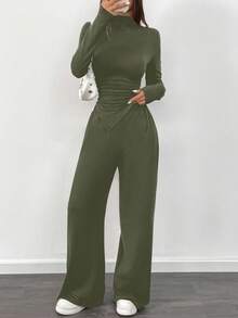 Almamuse 2pcs/Set Asymmetric Ruched Hem Long Sleeve Top And Wide Leg Pants Suit - Army Green - View 3