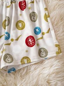 HARRY POTTER X SHEIN Conjunto de sudadera de manga larga con estampado integral y pantalones cortos de estilo escolar informal para niña preadolescente, para primavera/verano/otoño