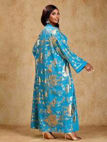 Brilight “女士优雅派对金色印花长款开衫和深 V 领褶饰连体裤 2 件套” - 水鴨藍 - 查看 2