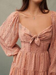 WESTFADE Embroidered Chiffon Sweetheart Neck Bow Tie Front Long Puff Sleeve Smocked Back Tiered Ruffle A Line Mini Dress Cute Fall For Women, Country Concert Outfit, Boho, Casual, Autumn, Winter