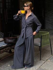 DAZY Camisa de manga larga con rayas y cintura ajustable para mujer, nueva para otoño/invierno - Azul Marino - Ver 2
