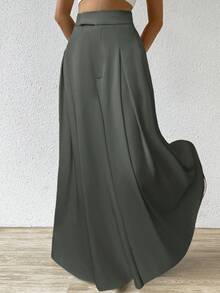 SHEIN EZwear 春夏大码百褶休闲阔腿裤 - 灰色 - 查看 6