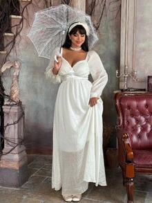 Flirla 纯色优雅腰部收紧合身褶皱长裙 - 白色 - 查看 3