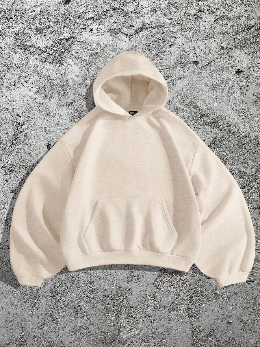 SHEIN Forever 21 男士宽松休闲浅灰色弧形超宽袖连帽套头衫 - 杏色 - 查看 1