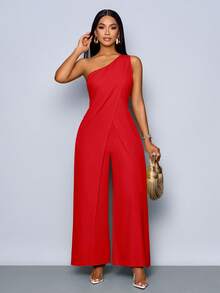 SOLERSUN Tuta larga con spacco e una spalla senza maniche, di moda per donna in primavera ed estate per uso quotidiano - Rosso - Visualizzare 6