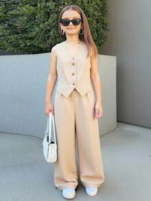 Firerie Kids Firerie Kids 2pcs Tween Girls Casual Blazer Vest And Wide Leg Pants Suit, Loose And Comfortable For Daily Commute