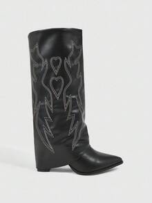 CUCCOO SZL Botas occidentales de tacón grueso con punta afilada y flecos para mujer, botas altas de ajuste ceñido - Negro - Ver 2