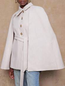 SHEIN Privé VITNOS Women's Fall/Winter Cape Sleeve Overcoat,White Gold,Autumn,Elegant,Office Solid Color Elegant Coat For Party,Luxury Evening,Date Night,New Year - Beige - View 6