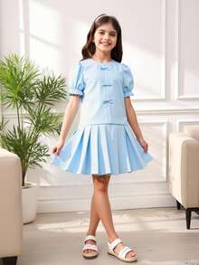 Tween 女童纯色短袖简约纹理蝴蝶结褶皱直筒连衣裙，适合夏季、度假、夏季、旅行 - 薄荷藍 - 查看 4