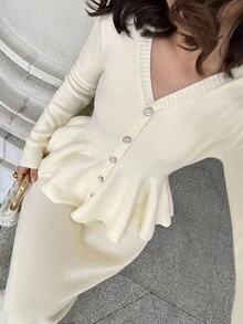 DAZY Women's Solid Color V-Neck Ruffle Trim Cardigan & Skirt 2 Pieces Knit Set, Autumn Fall - Beige - View 10
