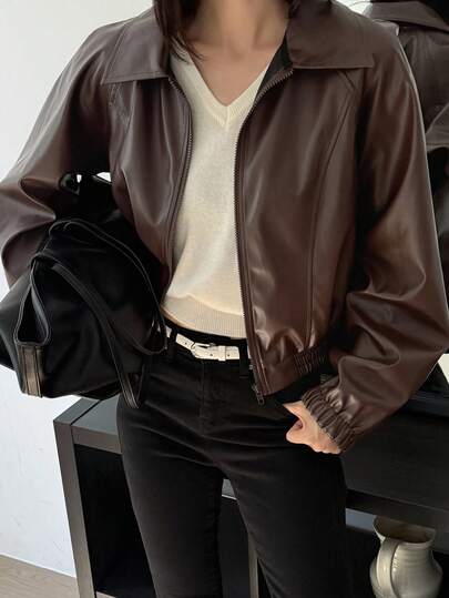 Livesso Women's Solid Color Fashion Short PU Leather Lapel Jacket, Versatile For Autumn