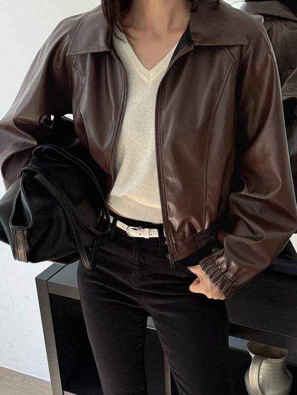 Livesso Veste courte en PU de couleur unie à la mode pour femmes, polyvalente pour l'automne