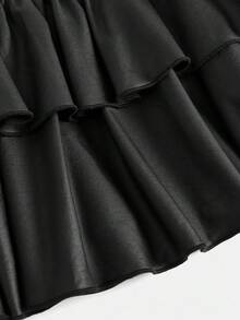 Girlism Váy xòe viền đen cho bé gái, thường ngày, thể thao, trường học, trở lại trường, váy ngắn bằng da PU, mùa xuân và mùa hè - màu đen - Xem 7