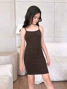 SHEIN Leap Crew 2pcs Tween Girls Back To School Simple Soft Textured Ribbed Knit Loose Dropped Shoulder Short Sweatshirt & Fitted Camisole Dress Set, Autumn - Coffee Brown - View 7