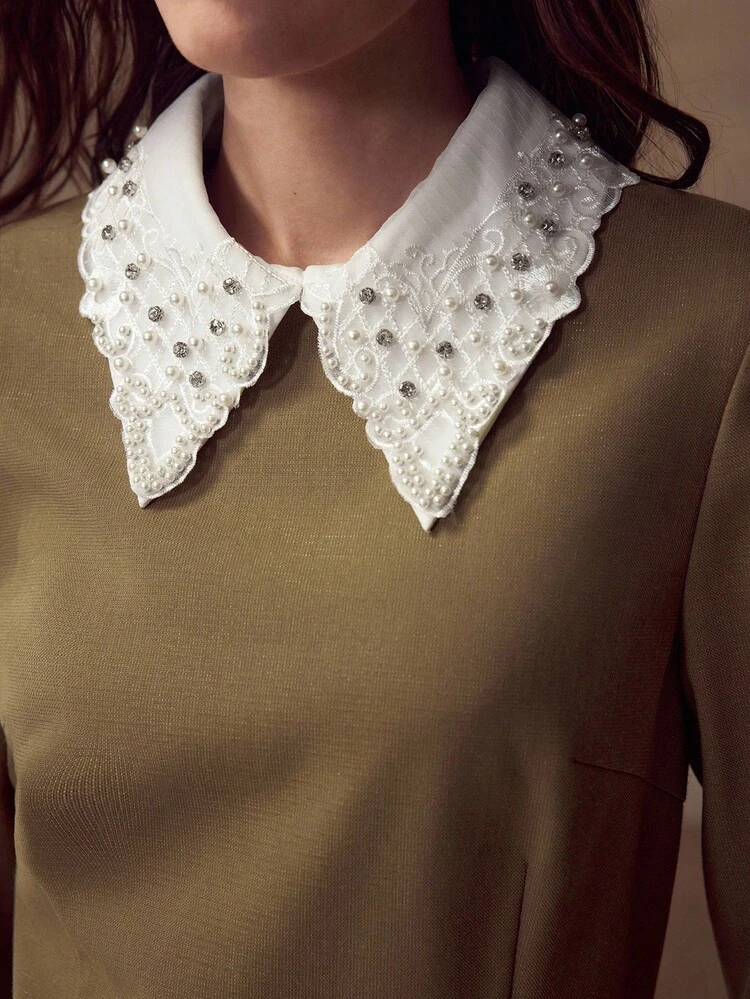 ELEGANT FAUX PEARL & RHINESTONE COLLAR WAIST CINCHED LONG SLEEVE DRESS