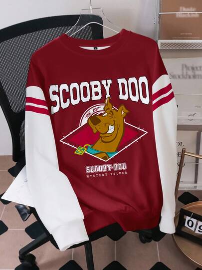SCOOBY-DOO X SHEIN Men's Casual Sporty Collegiate Style Cartoon Dog & Letter Graphic Contrast Color Dropped Shoulder Loose Pullover Sweatshirt, Spring/Autumn