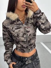 StreetHx American Baddie 迷彩连帽拉链卫衣，毛领短款夹克，秋冬 - 彩色 - 查看 1