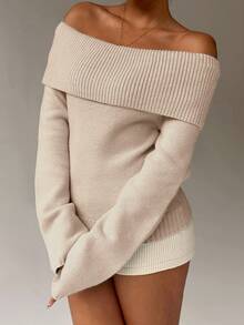 FavEase Suéter de cuello redondo de unicolor - Caqui - Ver 5