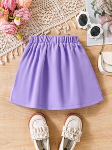 SHEIN Young Girl Solid Color Elastic Waist Pleated A-Line Skirt Fall Winter - Mauve Purple - View 3
