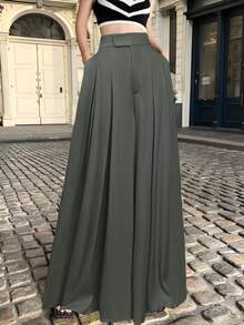 SHEIN EZwear 春夏大码百褶休闲阔腿裤 - 灰色 - 查看 1