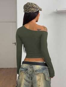 StreetHx Camiseta de manga larga ajustada con decoración de ojales para mujer, otoño temprano