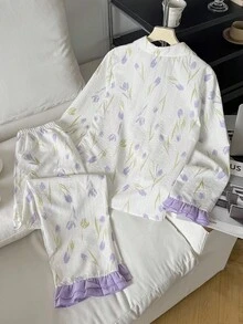 SHEIN 少女紫色郁金香印花简约设计长袖上衣和裤子两件套睡衣套装 - 紫色 - 查看 2