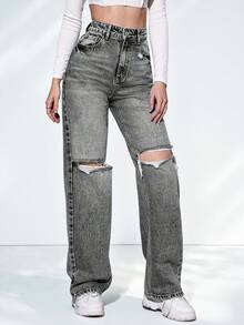 SHEIN ICON High Waist Ripped Straight Leg Jeans - Light Grey - View 5