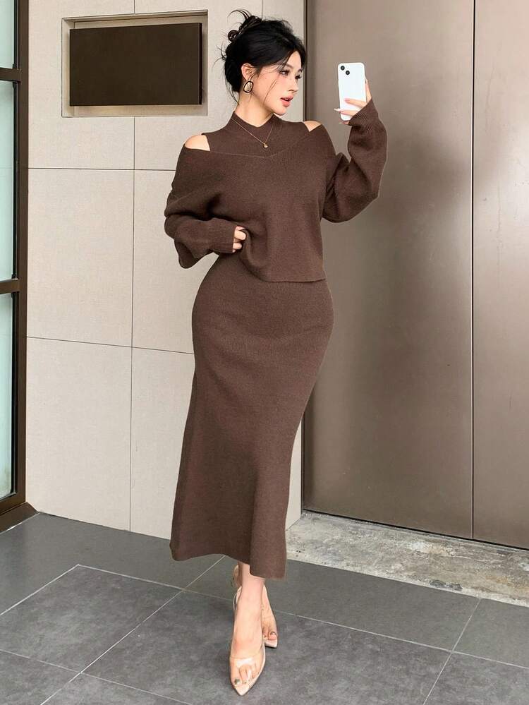 Women's Solid Color Drop Shoulder Long Sleeve Sweater And Stand Collar Sleeveless Knit Dress Elegant 2 Pieces Set, Autumn