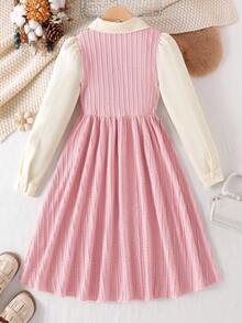 Khaki Textured Fabric Long Sleeve Dress Fall Winter - Pink - View 2