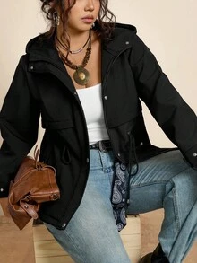 SHEIN LUNE 加大码军绿色抽绳腰部防水保暖夹克，带口袋和兜帽，带口袋，冬季运动时尚，秋季女装，女式防水夹克，轻便夹克，女式雨衣，女式连帽雨衣，女式风衣夹克 - 黑色 - 查看 3