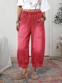 EMERY ROSE 女式休闲复古水洗抽绳腰牛仔裤 - 紅色 - 查看 5