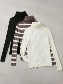 SHEIN LUNE 3 件套女式高领长袖毛衣，黑色、白色、卡其色条纹，简约百搭打底衫