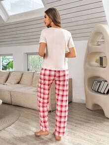 2 Stücke Schleife & Kirsch Muster Kurzarm Top und karierte Hose Pyjama Set - Verschiedenfarbig - Übersicht 2