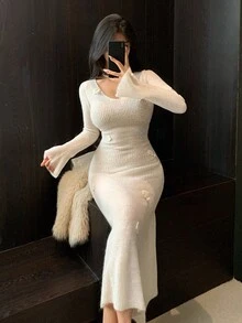 DAZY Women's Elegant Solid Color Fitted Sweater Dress, Autumn/Winter - Beige - View 6