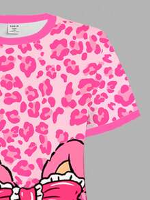 SHEIN Leap Crew Vestido de manga corta de longitud media informal para niña preadolescente con estampado de leopardo rosa minimalista y lindo patrón de dibujos animados, adecuado para el verano - Multicolor - Ver 4