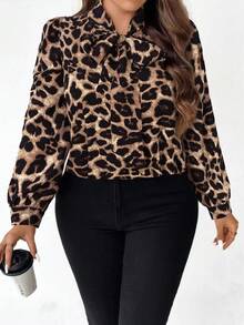 EMERY ROSE Áo sơ mi dài tay thanh lịch họa tiết da báo cỡ lớn dành cho nữ - Màu Khaki - Xem 4