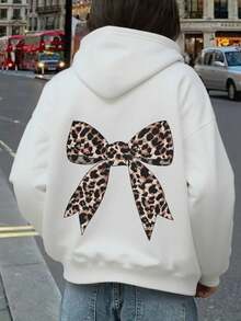 SHEIN Sudadera holgada con forro térmico, con acento de lazo con estampado de leopardo y diseño gráfico en la espalda, para adolescentes, otoño/invierno - Blanco - Ver 8