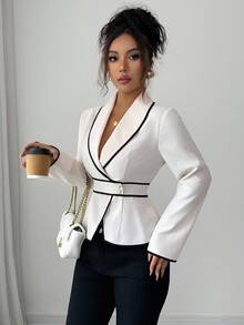 Rafferiza Áo sơ mi nữ tay dài cổ bẻ thanh lịch, eo bó, mùa thu - Màu be - Xem 3