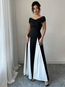 Rafferiza Elegant Color Blocking Off Shoulder Ruched Long Dress