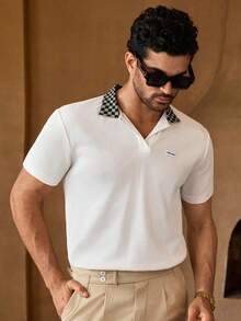 Manfinity NXTstreet 男士拼布棋盘格图案休闲针织短袖 Polo 衫，Old Money - 彩色 - 查看 5