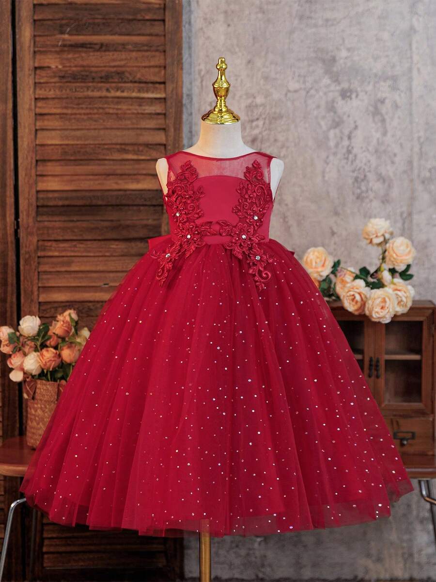 SHEIN Glamorique Kids 可爱节日生日派对婚礼花童薄纱亮片刺绣花卉女童公主裙 - 酒紅色 - 查看 1