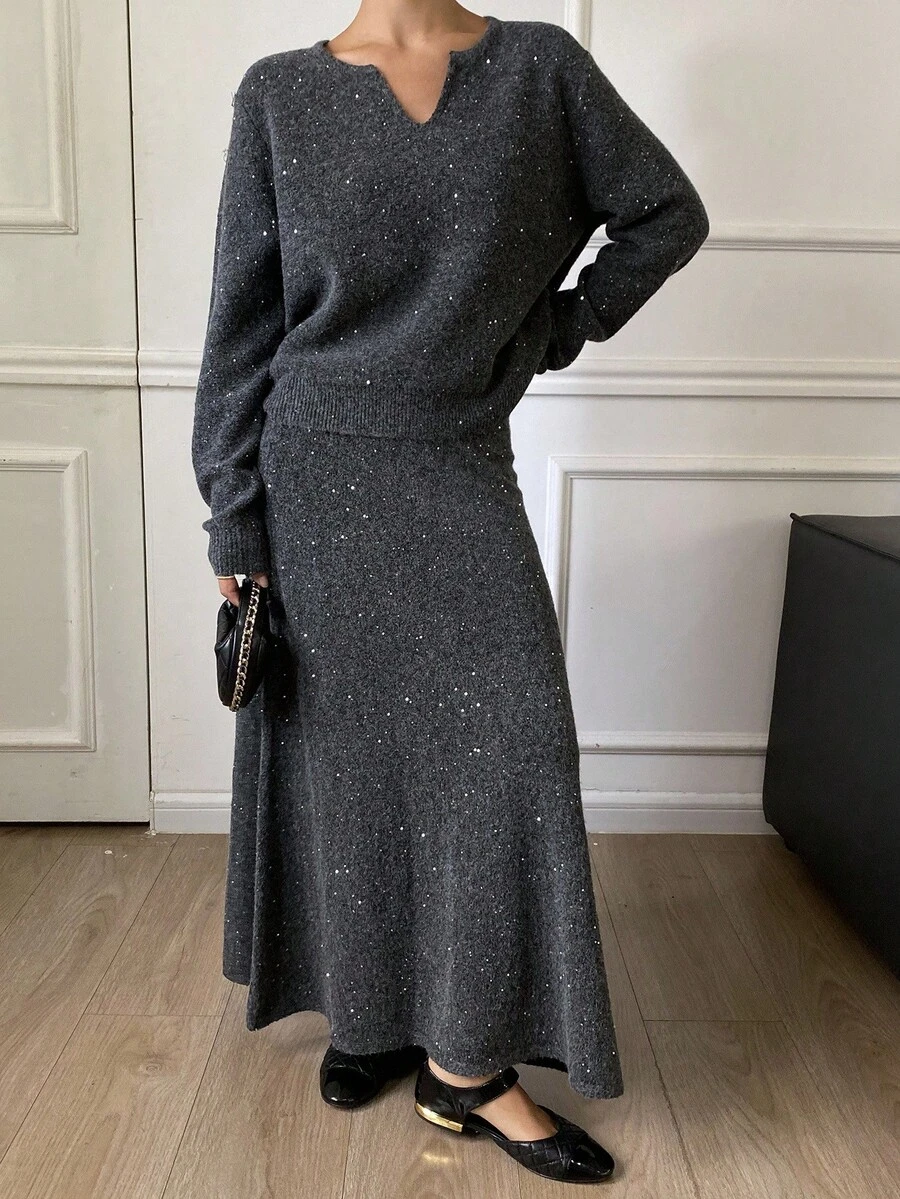 Livesso Women's V-Neck Shiny Knit Sweater & Loose Fit Skirt 2 Pieces Set, Autumn - Grey - View 1