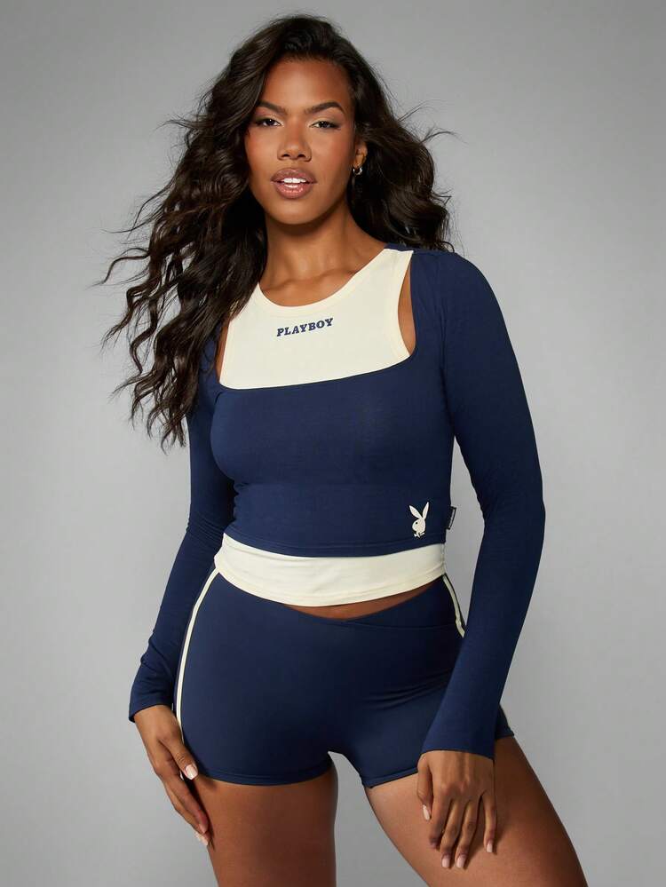 Missguided x Playboy Cotton Double Layer Cropped Long Sleeve Top With Contrast Panel Design Athletic Inspired Streetwear