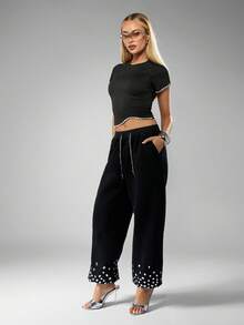 MISSGUIDED Embellished Jogger Sweatpants With Rhinestone Drawstrings And Sequin Hem Details For Women - Black - View 3