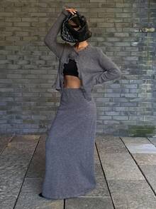 DAZY 2件套女士优雅3D花卉装饰灰色毛衣，秋冬 - 灰色 - 查看 5