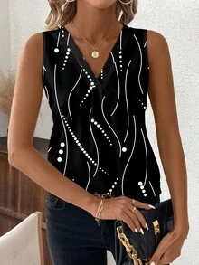 SHEIN Clasi Áo sơ mi sọc đen không tay cổ chữ V dành cho nữ, phù hợp để mặc đi làm và mặc hàng ngày, áo không tay - màu đen - Xem 5